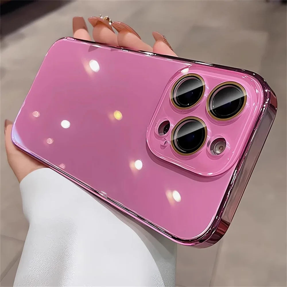 Luxury Plating Bumper Armor Glossy Phone Case For iPhone 15 16 Pro Max 14 13 12 11 Crystal Glass Full Lens Protection Back Cover