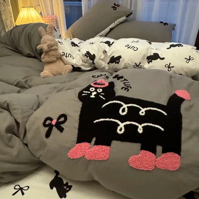 Korean Style Green Stripe Black Cat Embroidered Washed-Effect Polyester Duvet Cover Set 4-Piece Cute Cartoon Bed Linen