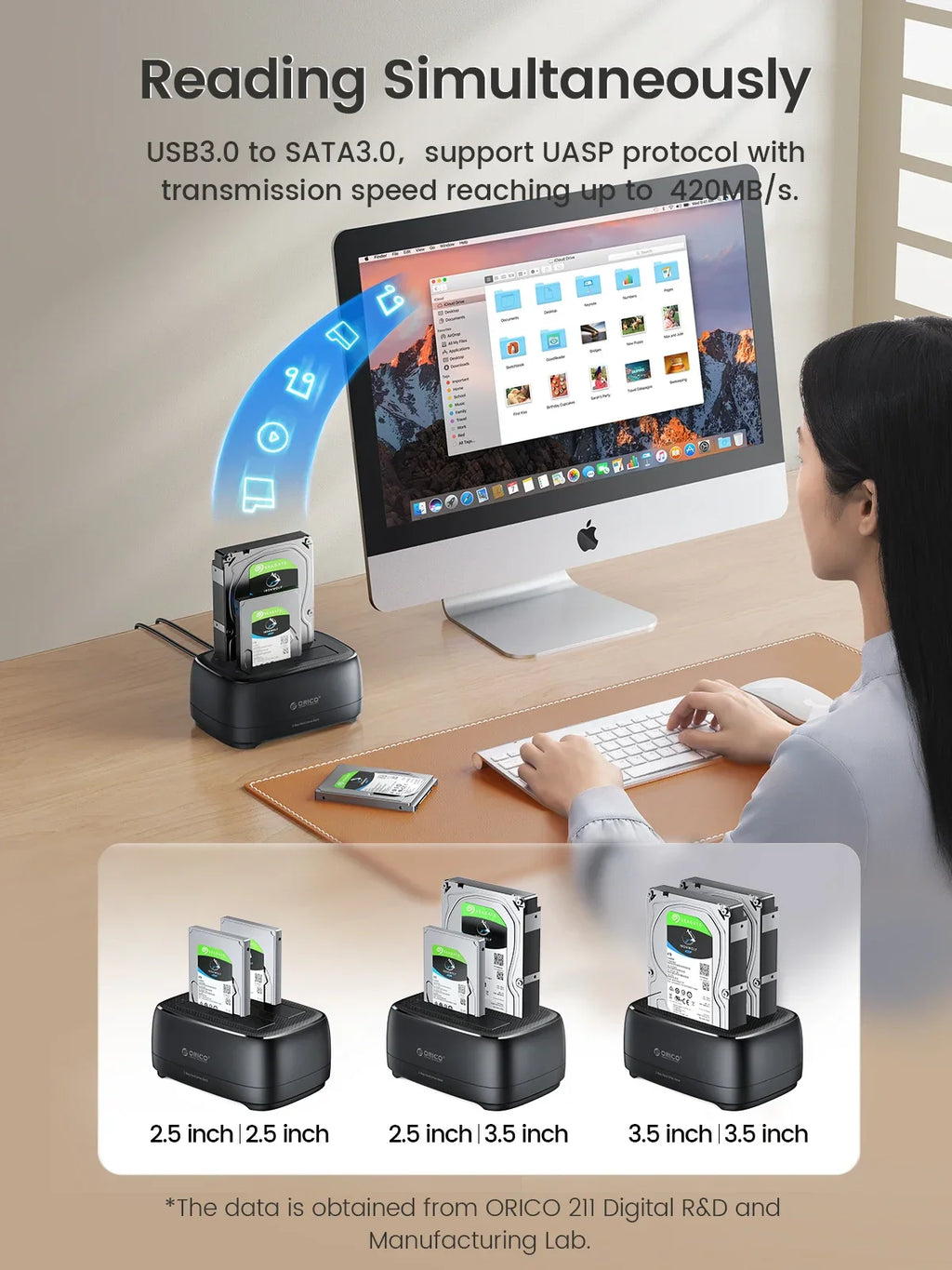 Dual-Bay HDD/SSD Docking Station USB 3.0 Type-C 5Gbps for 2.5"/3.5" Drives with 12V 3A Power Adapter (Supports up to 36TB)