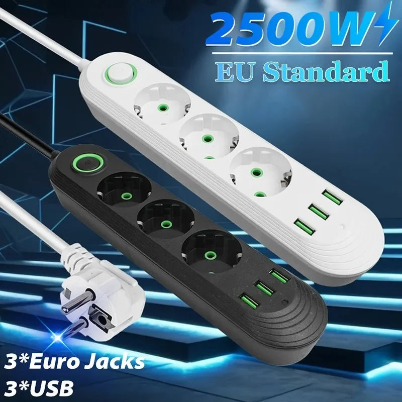 2500W EU Plug Power Strip, 5 Outlets & 3 USB Ports, Overload Protection with Master Switch