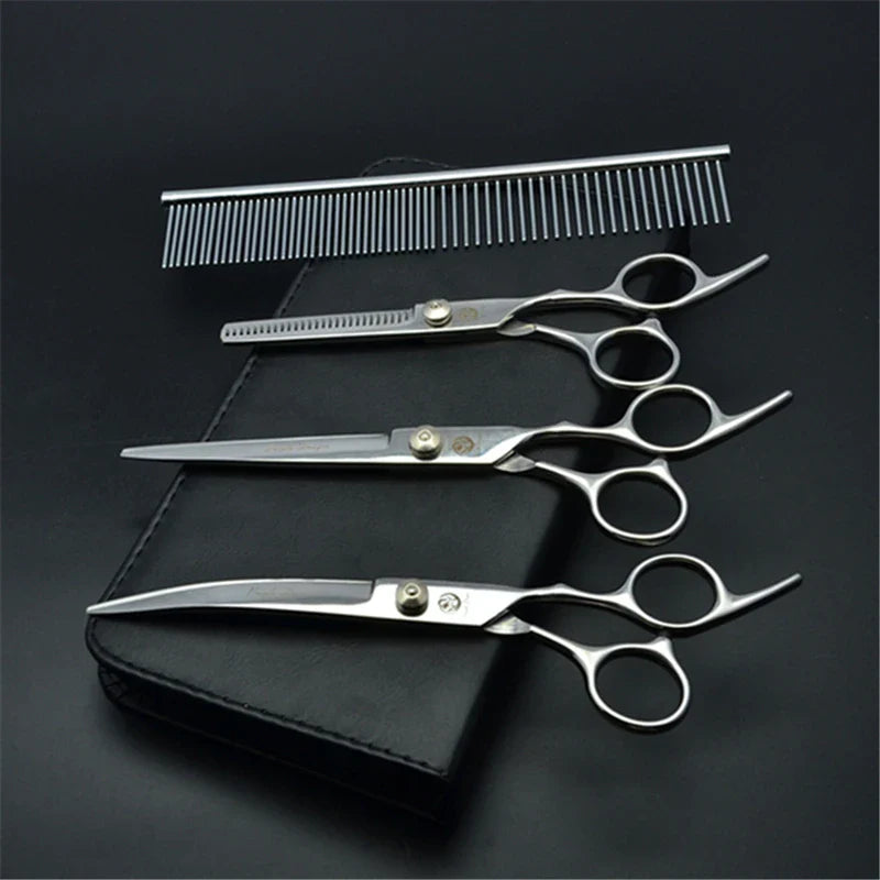 Professional Dog Grooming Scissors Set - 6" (15.2 cm) & 7" (17.8 cm) Stainless Steel Thinning & Curved Pet Shears