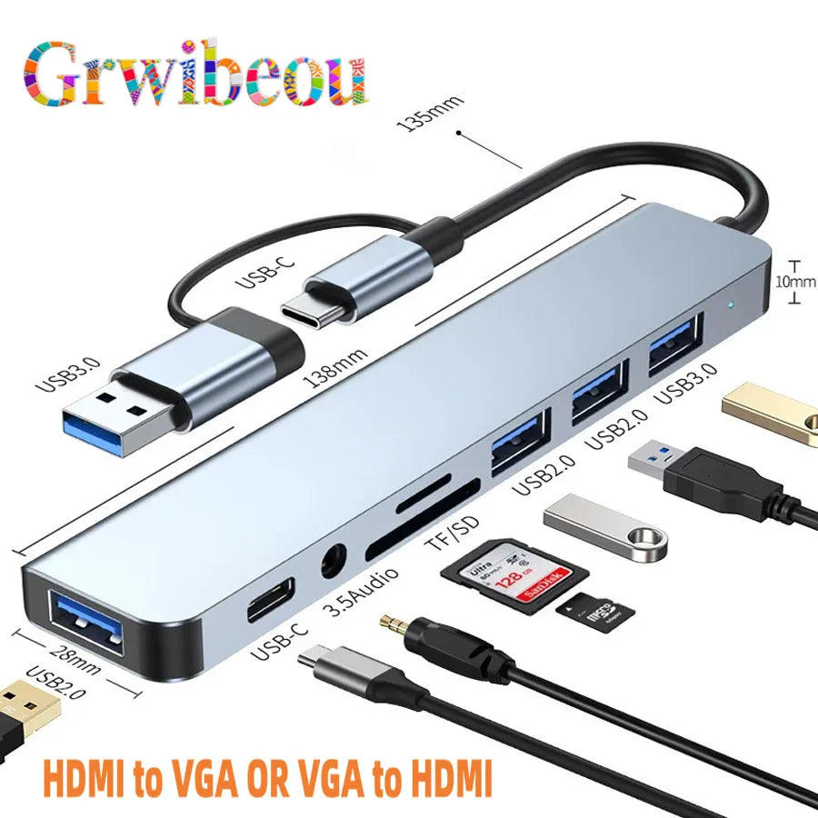 8-in-2 USB-C Hub Docking Station with Micro SD/TF Card Reader, 3.5mm Audio & USB 3.0/2.0 Ports