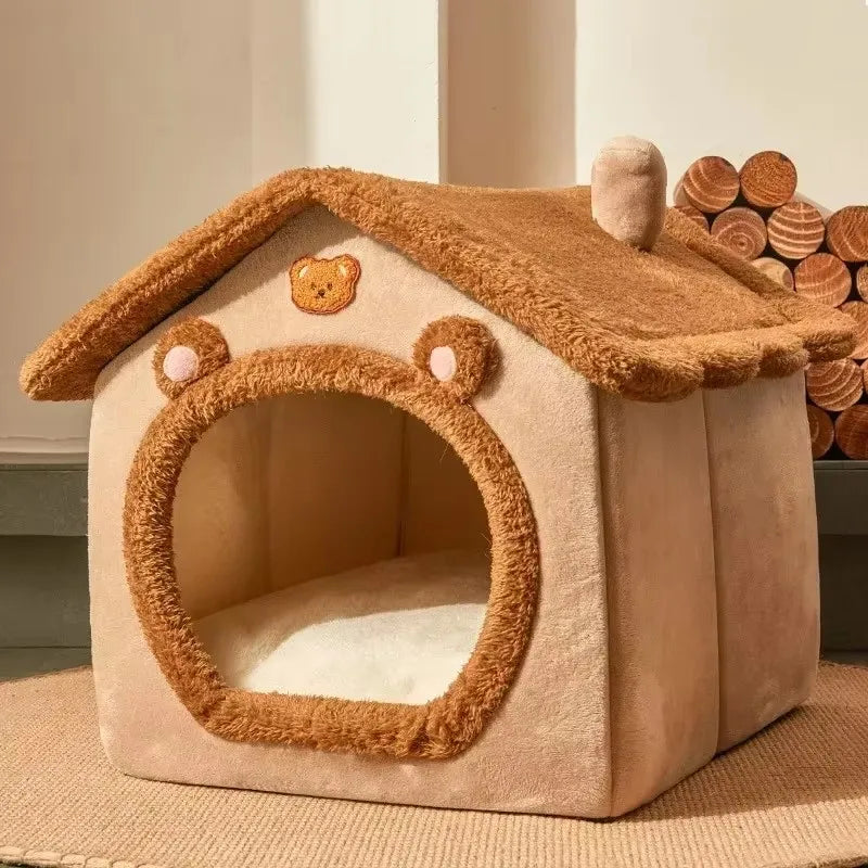 Foldable Plush Pet House Bed — Cozy Winter Dog & Cat Nest, Puppy Cave Sofa for Small & Medium Pets (S/M/L, Removable Cover)