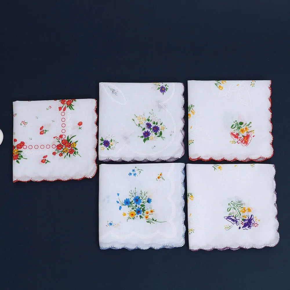 6-Pack Cotton Floral Handkerchiefs for Women, 28 cm (11 in) Scalloped Edge Pocket Towels & Wedding Napkins