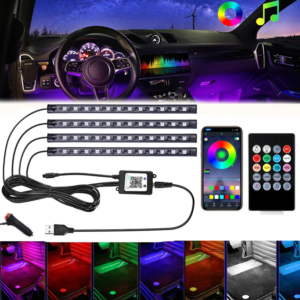 36/48/72 LED RGB Car Interior Footwell Ambient Light Strip USB or Cigarette Lighter Powered Remote, Voice & App Control