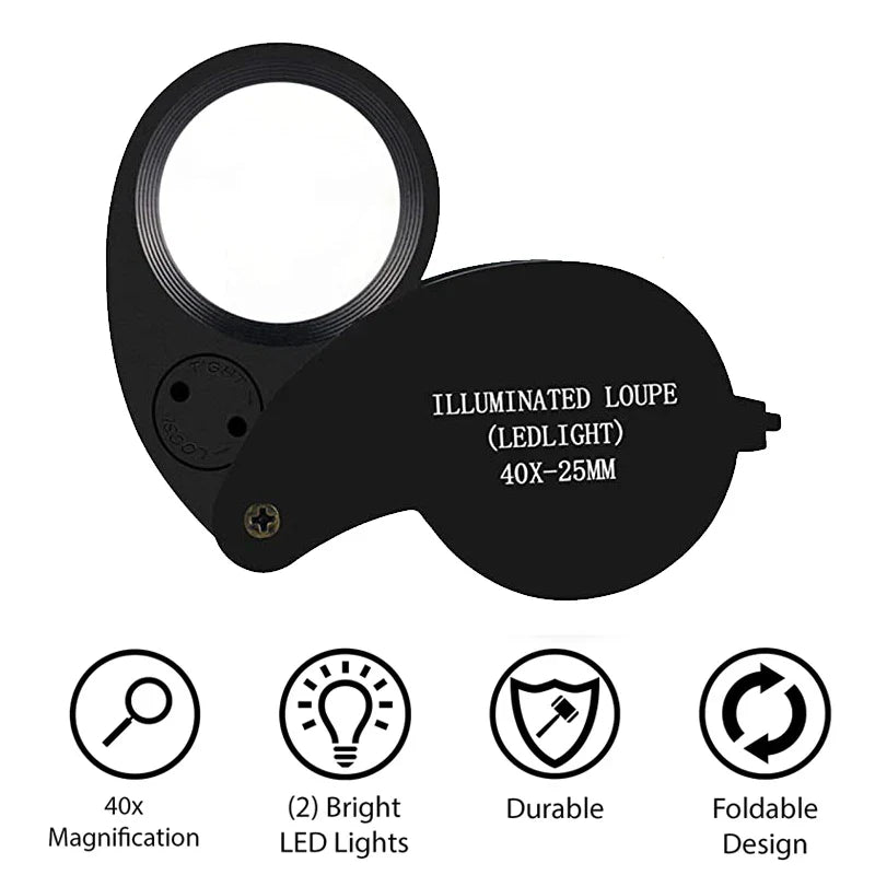 40X Jeweler's Loupe Pocket Folding Magnifier with LED Light for Watches, Coins, Stamps, Gems