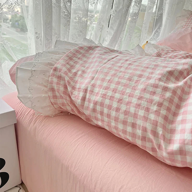 Korean Princess Lattice Double-Layer Lace Duvet Cover Set — Soft Microfiber Plaid Quilt Cover with Flat Sheet & Pillowcases (Single/Full/Queen: 150×200–200×230 cm / 59×79–79×91 in)
