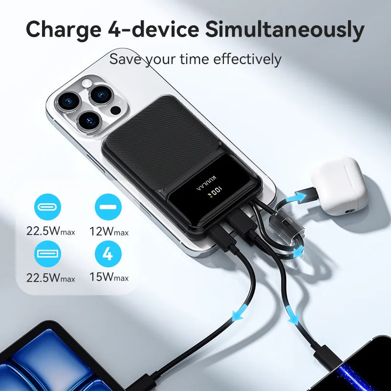 10000mAh 22.5W Fast Charging Portable Power Bank — Built-in USB-C & Lightning Cables, Digital Display, 4-Device Output