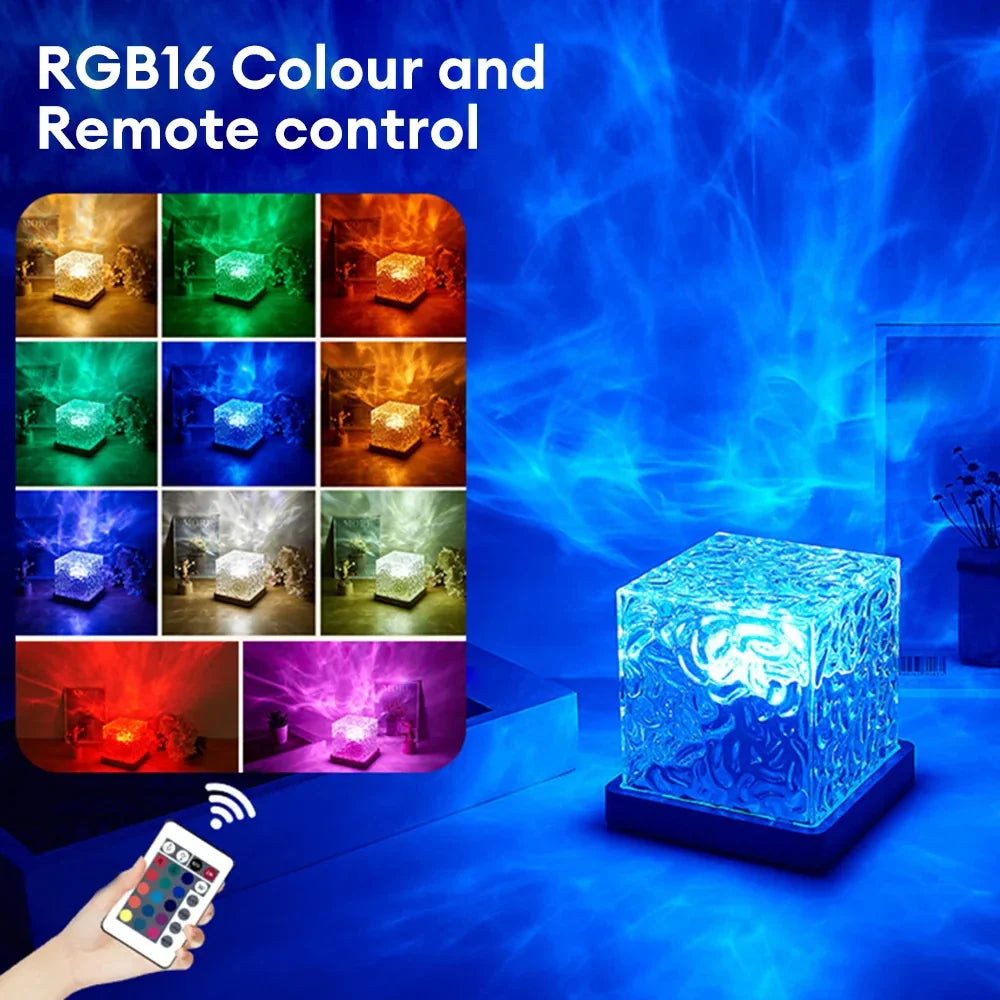 3- or 16-Color Rotating Water Ripple Projector Night Light with Remote USB Crystal Flame Lamp for Bedroom Living Room Study