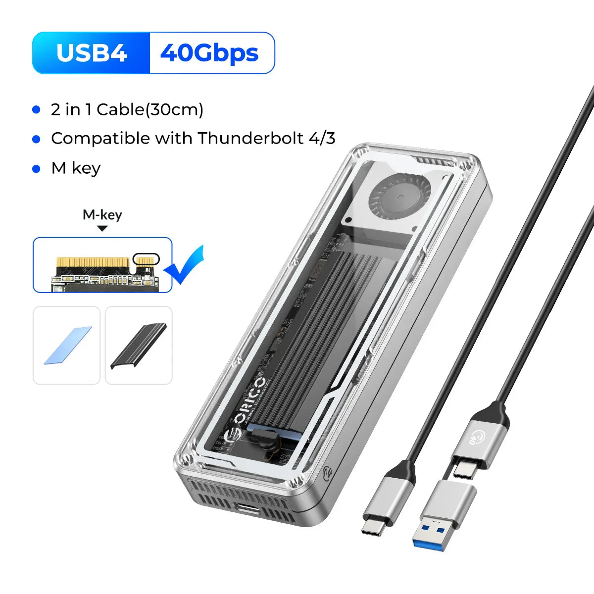 40Gbps USB4 M.2 NVMe SSD Enclosure — 8TB, Aluminum Case with Cooling Fan, PCIe 4.0, Thunderbolt 3/4 Compatible