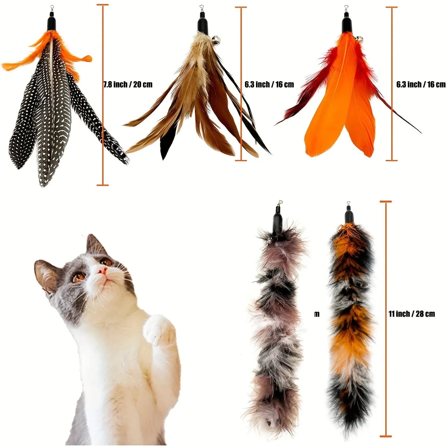 6-Pack Natural Feather Replacement Refills for Cat Wand Toys – Interchangeable Feather Teasers for Indoor Cats