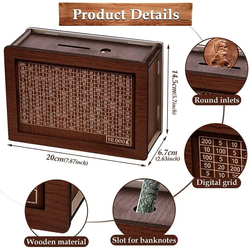 Wooden Savings Challenge Box 1,000/2,000/3,000/5,000/10,000 Euro Piggy Bank