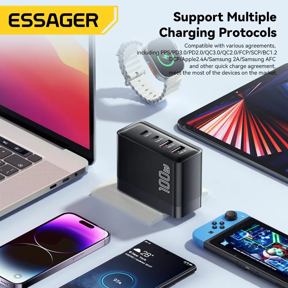 100W GaN 4-Port USB-C PD & QC Fast Charger (2 USB-C, 2 USB-A) — Power Delivery for Laptops, Phones & Tablets