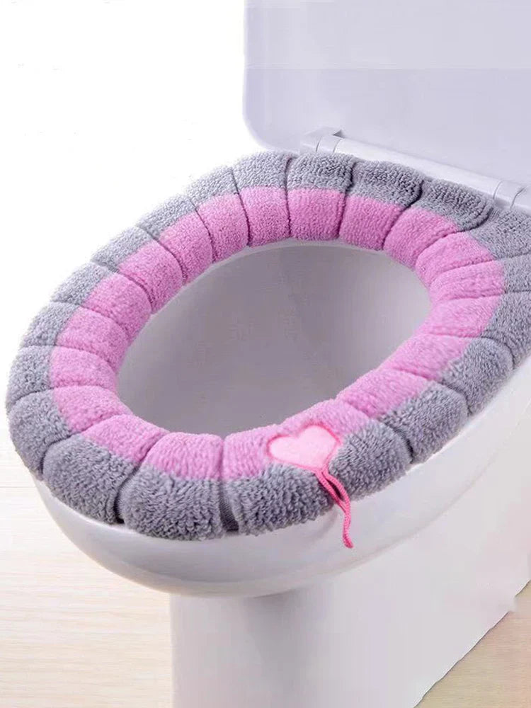 Universal Thick Knit Toilet Seat Cover Cushion - Soft Washable Padded Toilet Seat Warmer with Lid Handle