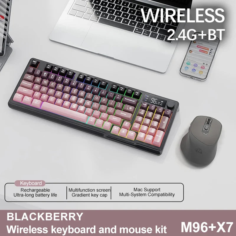 96-Key Bluetooth & 2.4G Wireless Gaming Keyboard with Smart Screen, RGB Backlight, Ergonomic PBT Keycaps — Multi-Device for PC Laptop Tablet