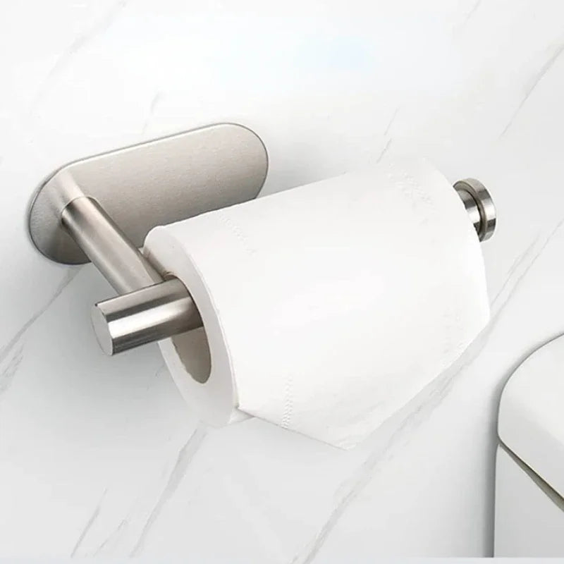 Stainless Steel Adhesive Toilet Paper Holder with Shelf - No-Drill Wall Mount Towel & Paper Towel Rack (Black or Silver)