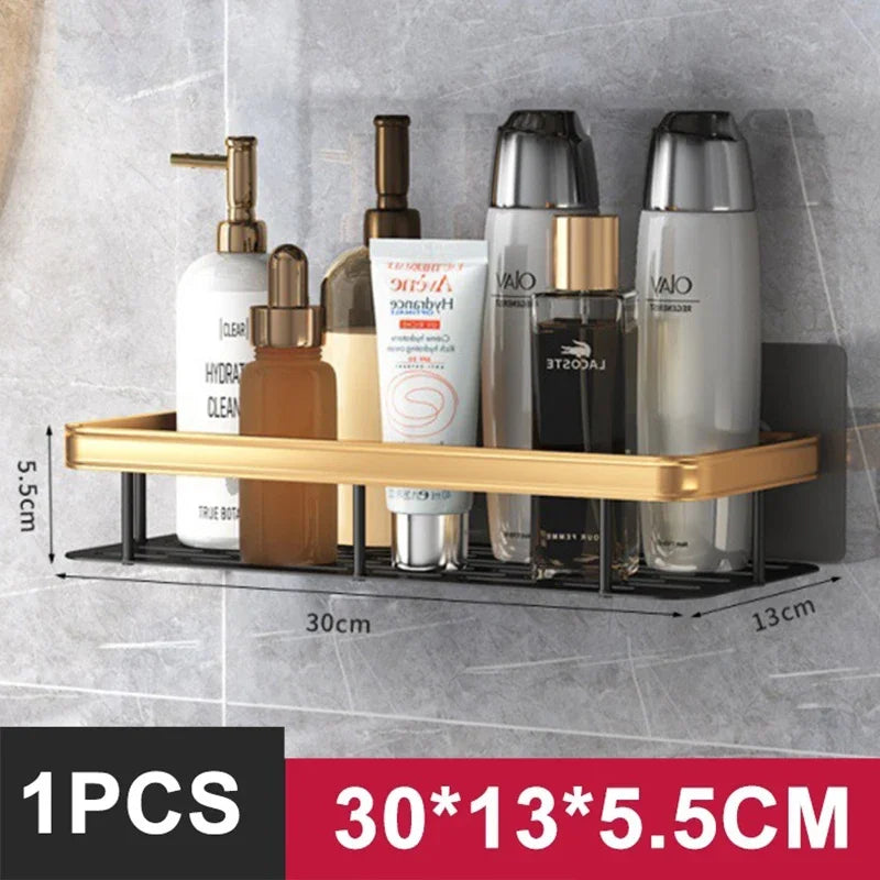 No-Drill Aluminum Alloy Bathroom Shower Shelf Wall-Mounted Shampoo Rack and Kitchen Organizer