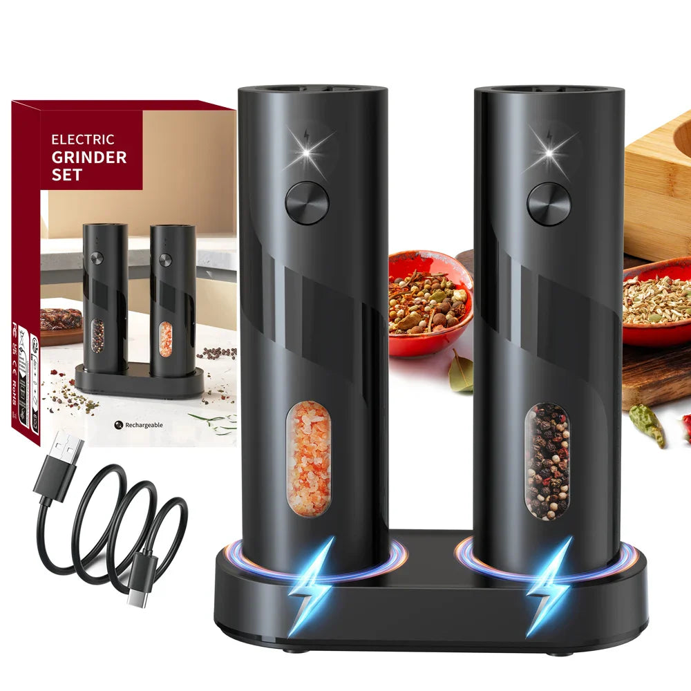 2-Pack USB Rechargeable Electric Salt and Pepper Grinder Set, Adjustable Coarseness, LED Light, Top-Fill Spice Mill