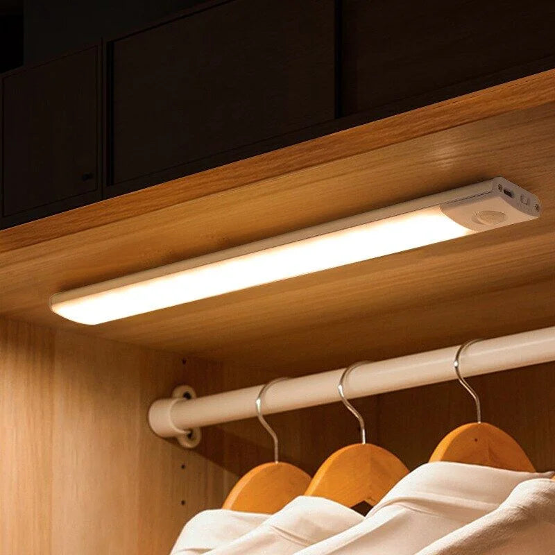 USB Rechargeable LED Motion Sensor Bar Light — Dimmable 3-Color Under-Cabinet Night Light, 10/20/30/40/50 cm (4–20 in)