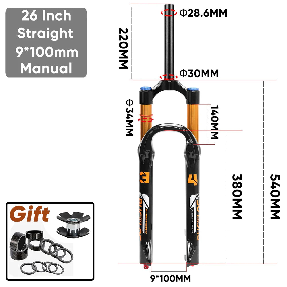 MTB Air Suspension Fork 140mm Travel (5.5in) - 26/27.5/29-inch Wheels - 9x100mm QR Axle - 34mm Stanchion, 28.6mm Steerer