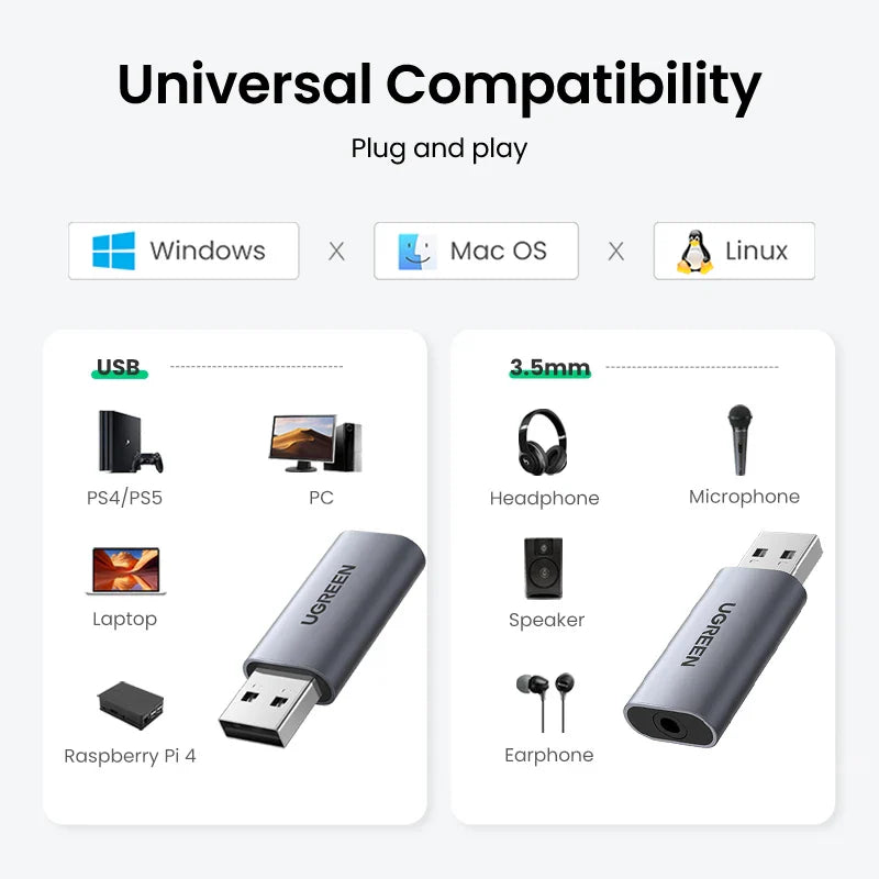 USB to 3.5mm Audio Adapter - External USB Sound Card TRRS (CTIA/OMTP) for PC Laptop PS5 PS4 Nintendo Switch - Aluminum Shell