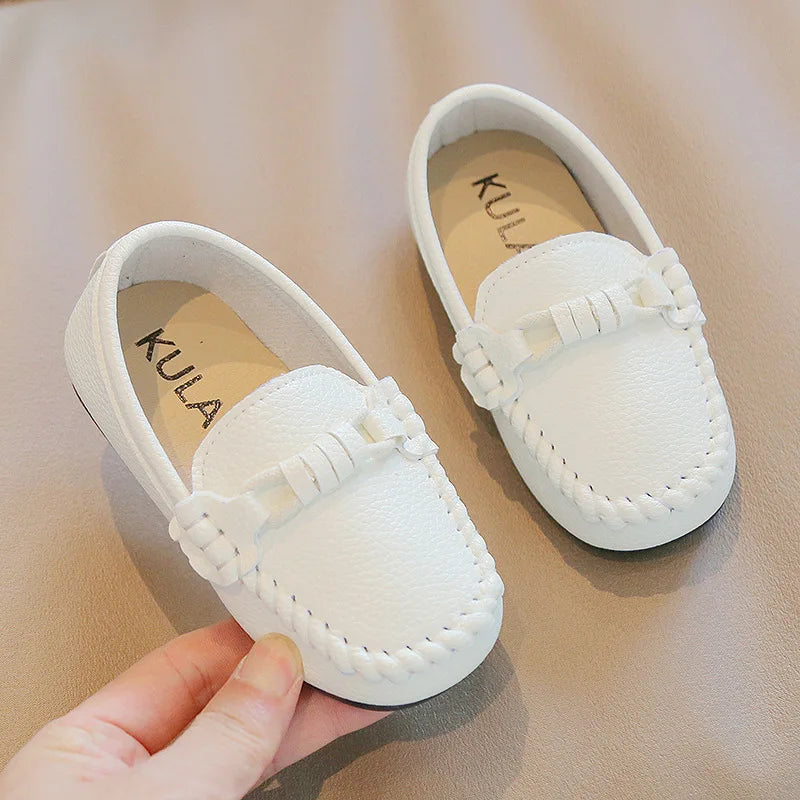 Kids Black & White PU Leather Slip-On Loafers — Formal School Party Moccasins (EU 21-30)