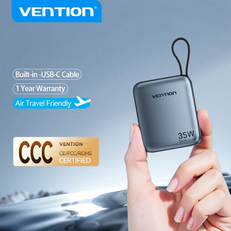 10000mAh 35W USB-C Power Bank with Built-In Cable & LED Display - Portable Fast Charger for iPhone, Android, MacBook Air