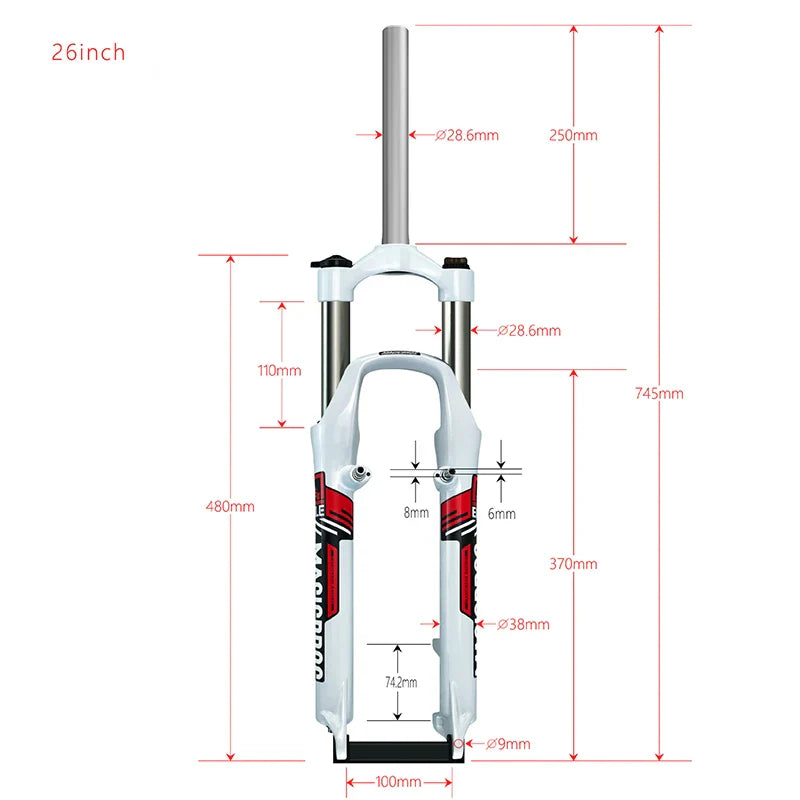 26-Inch MTB Suspension Fork — 110mm (4.3in) Travel, Disc & V-Brake Compatible, 9×100mm QR, 250mm (9.84in) Steerer