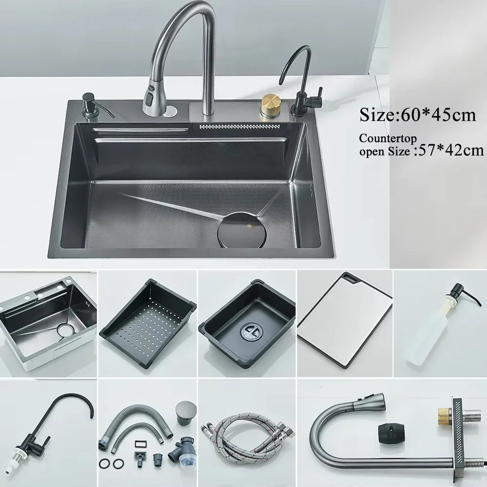 304 Stainless Steel Undermount Kitchen Sink Single Bowl 75 x 45 cm (29.5 x 17.7 in) Brushed Finish with Waterfall Faucet, Digital Display and Soap Dispenser