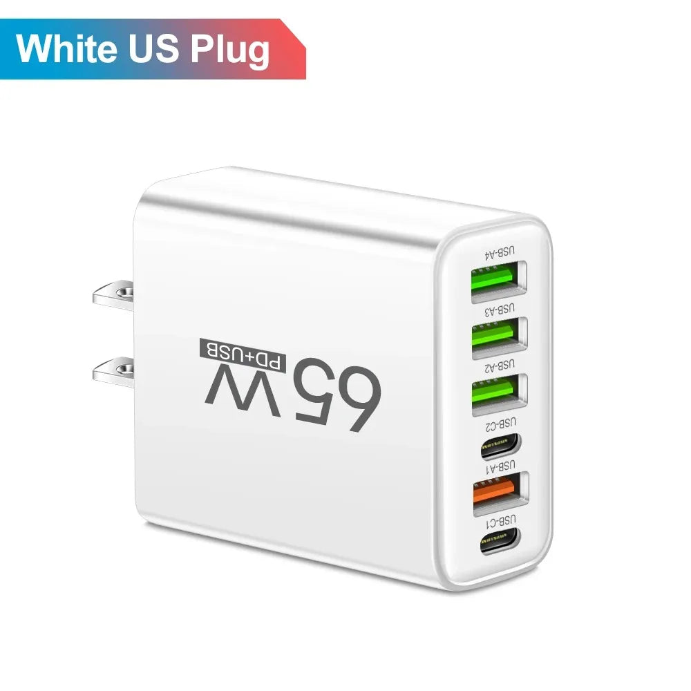 65W 6-Port USB Charger (2x USB-C + 4x USB-A) QC3.0 Fast Charge Travel Wall Adapter for Smartphones
