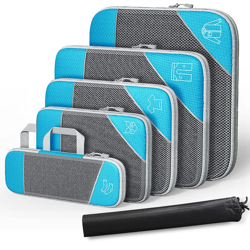 6-Piece Travel Compression Packing Cubes Set with Shoe Bag - Mesh Lightweight Luggage Organizers