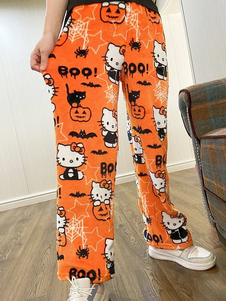 Hello Kitty Flannel Pajama Pants – Kawaii Cartoon Velvet Lounge Pants for Girls & Women, Fall Winter Home