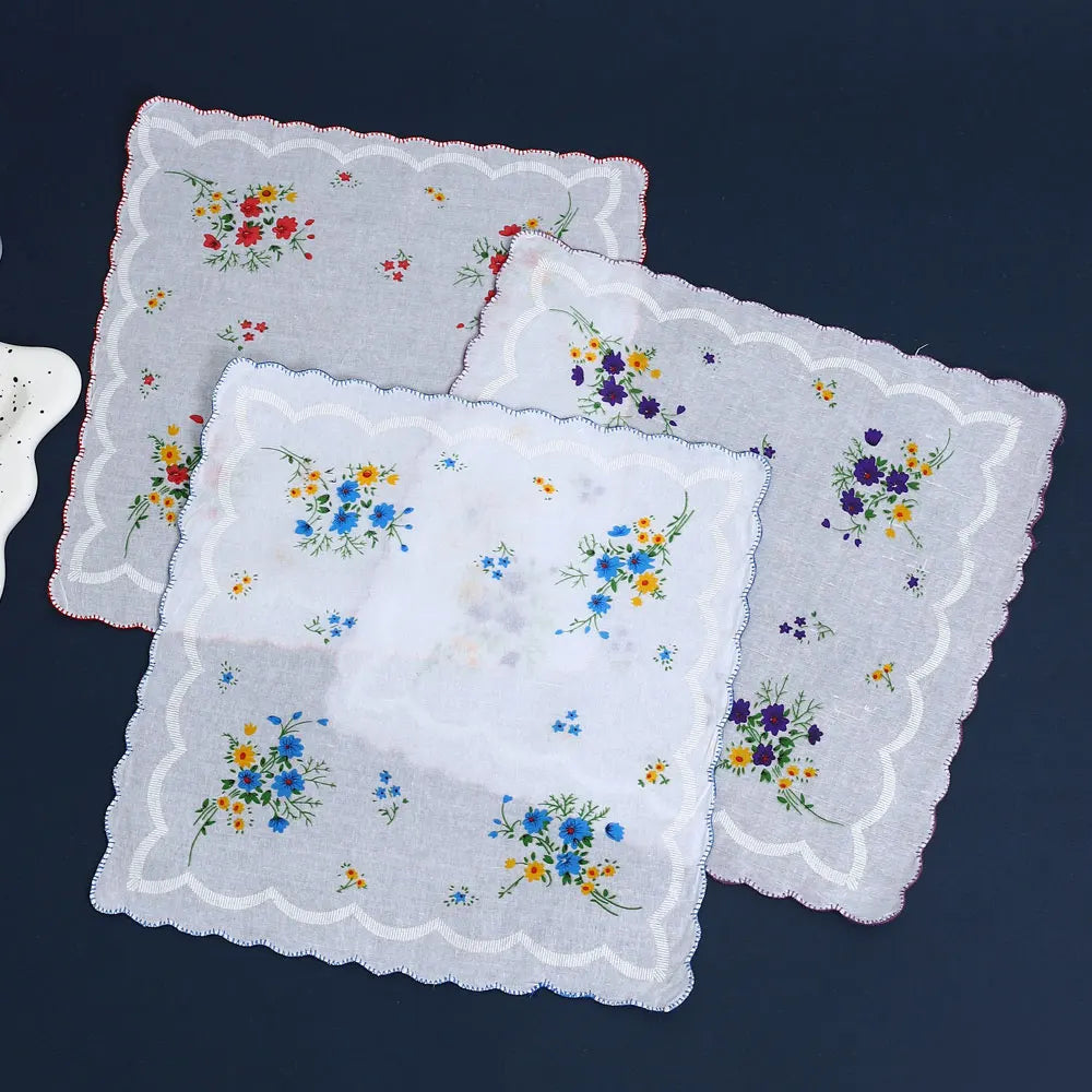 6-Pack Cotton Floral Handkerchiefs for Women, 28 cm (11 in) Scalloped Edge Pocket Towels & Wedding Napkins