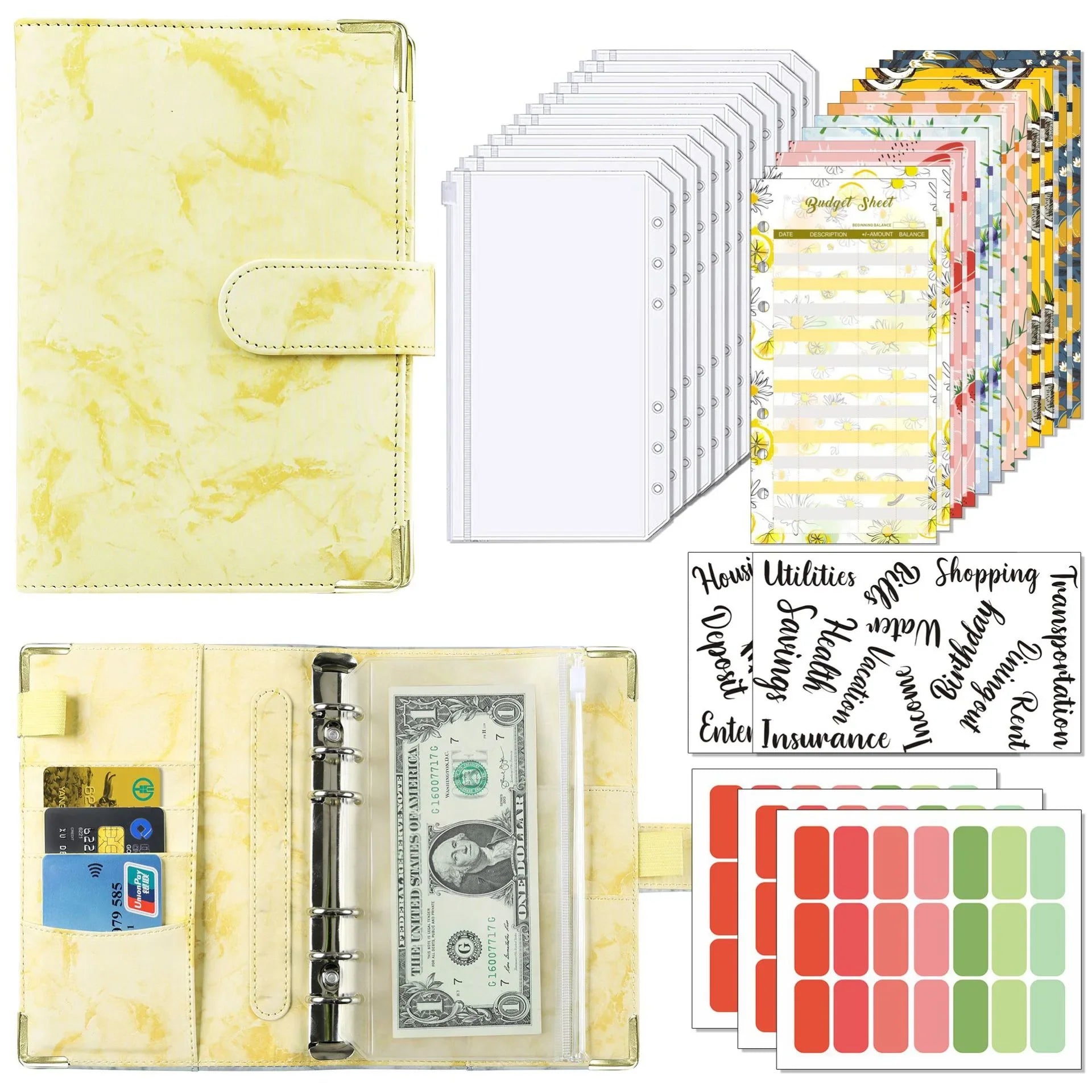 A6 Budget Binder Wallet Organizer — 12 Cash Envelopes, 12 Budget Sheets & 5 Label Stickers (7.84 x 5.2 in / 199 x 132 mm)