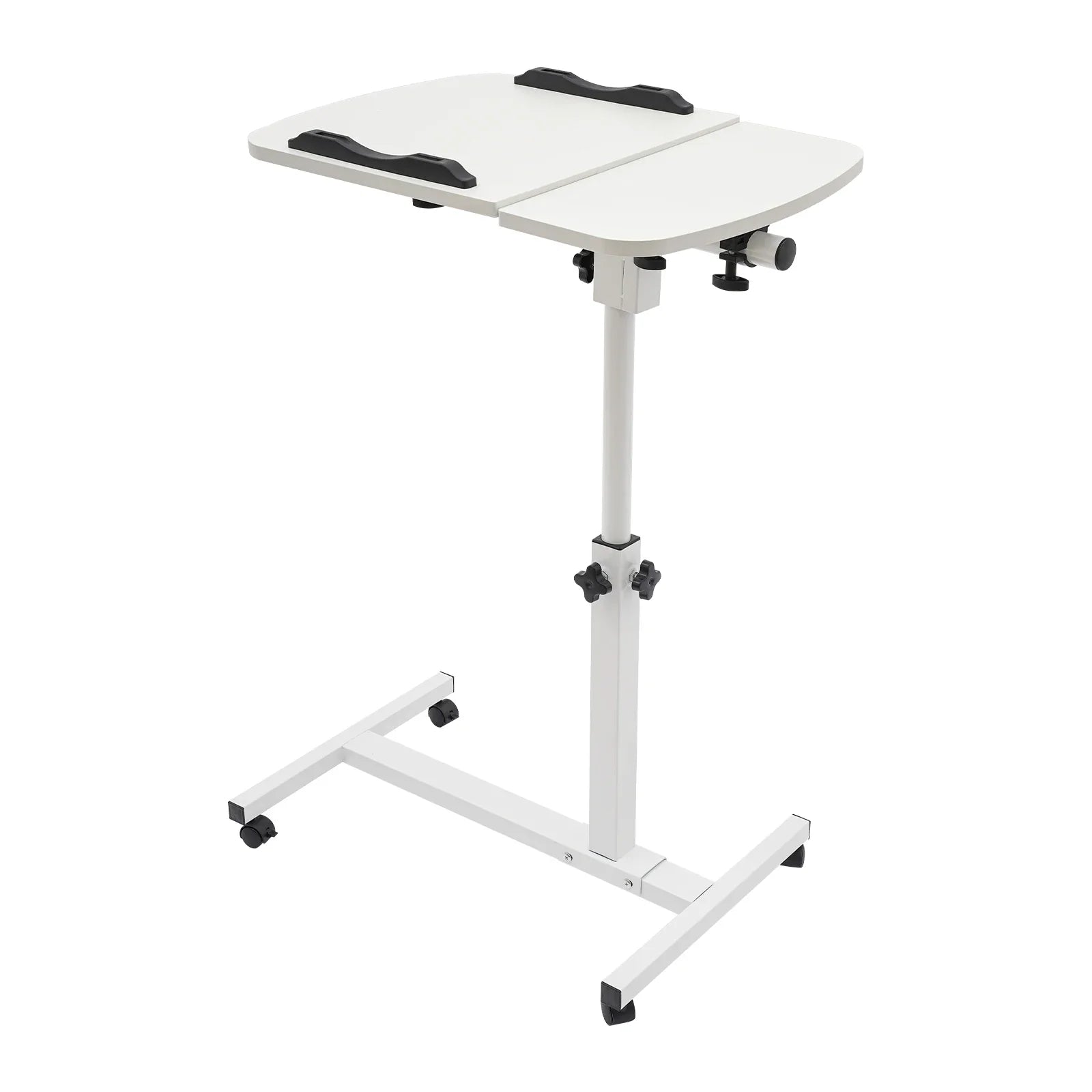 Adjustable White Mobile Laptop Table Stand with Lockable Wheels, Height & 360° Tilt C-Table for Bed Sofa Home Office