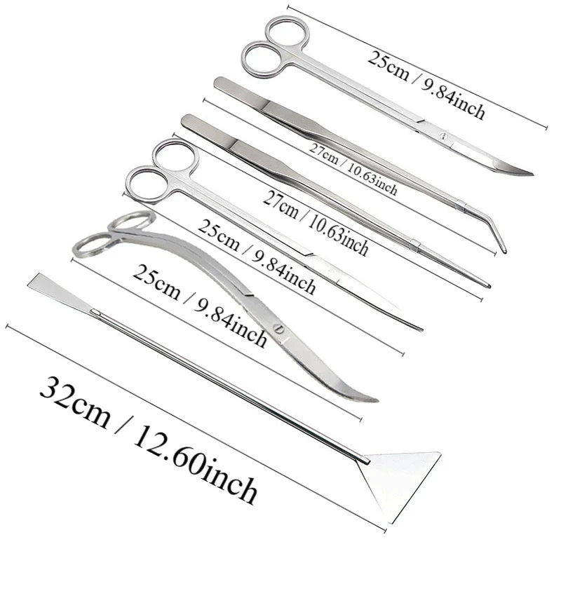 Stainless Steel Aquarium Plant Tool Set — 25 cm Scissors, 27/38/48 cm Tweezers & 32 cm Spatula (9.8–18.9 in)