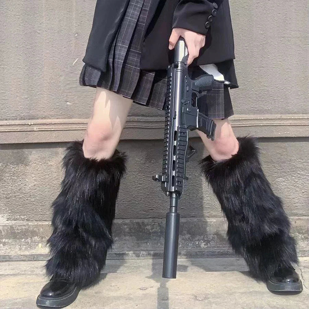 White Faux Fur Leg Warmers Y2K Goth Knee-High Boot Covers