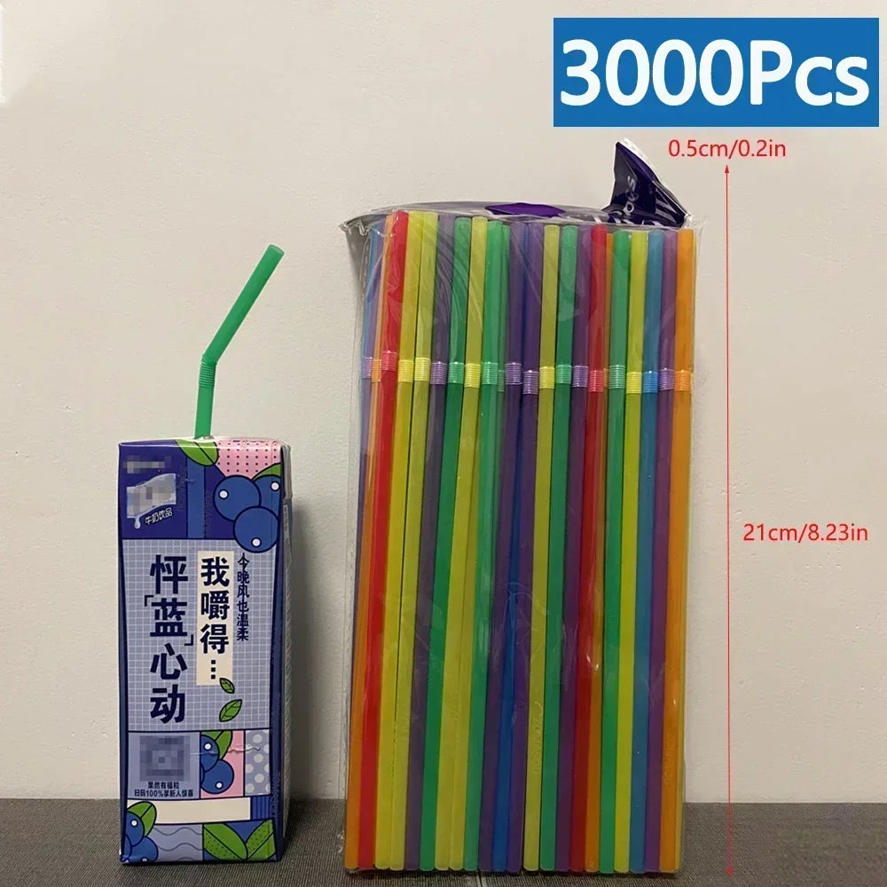 Multicolor Flexible Plastic Drinking Straws — Reusable Cocktail & Boba Straws 8.3 in (21 cm) x 0.2 in (5 mm) — Packs 50–6000 for Parties & Weddings