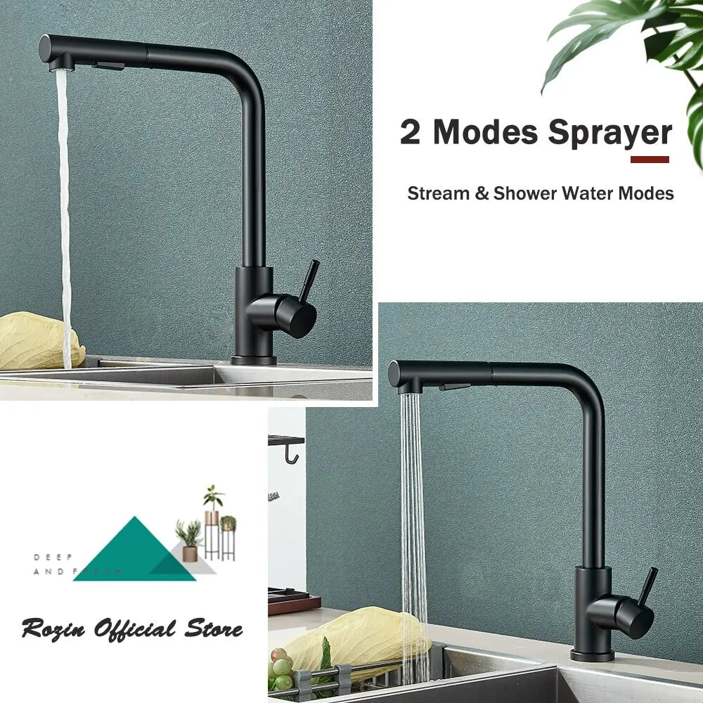 Matte Black Pull-Out Kitchen Faucet Flexible Spout 2 Modes Stream & Spray 304 Stainless Steel Deck-Mount Hot Cold Mixer