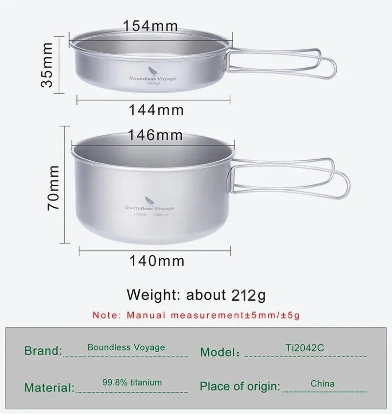 Titanium Camping Cookware Set with Folding Handles - Lightweight Pot & Pan for Hiking