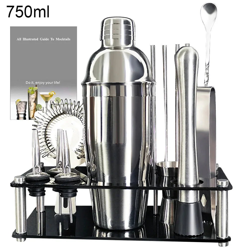 13-22 Piece Cocktail Shaker Bar Set – Stainless Steel Bartender Kit with 750ml/600ml Shaker, Jiggers, Strainer, Pourers & Acrylic Rack