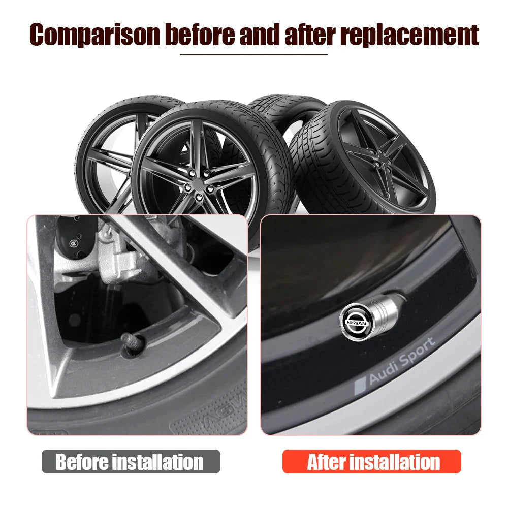 4-Pack Metal Tire Valve Stem Caps – Aluminum Alloy Wheel Valve Covers, Universal Fit (Silver/Black)