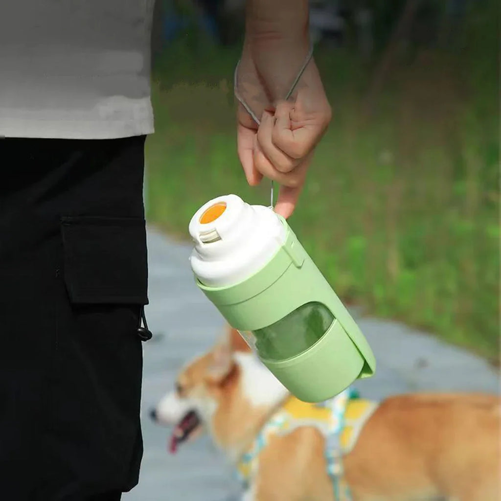 Portable 500ml (16.9 fl oz) Pet Water Bottle with Food Storage & Foldable Bowl - Travel Feeder for Dogs & Cats