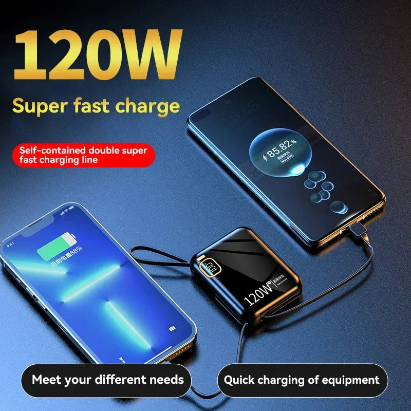 200000mAh 120W Portable Power Bank USB Type-C Two-Way Fast Charger with Built-In Cables & LED Display for iPhone & Samsung