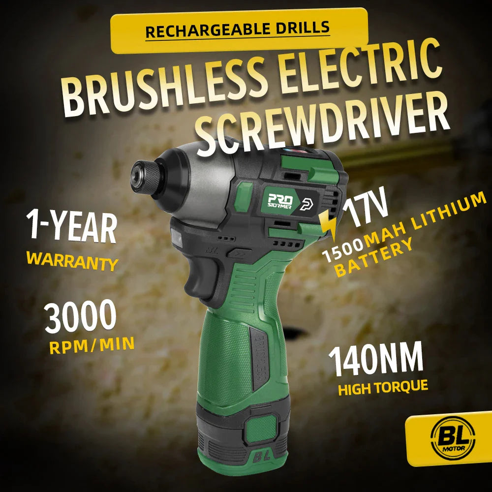 140 Nm Brushless Cordless Electric Screwdriver Drill 17V 1500mAh Rechargeable 1/4 in (6.35 mm) Hex Chuck