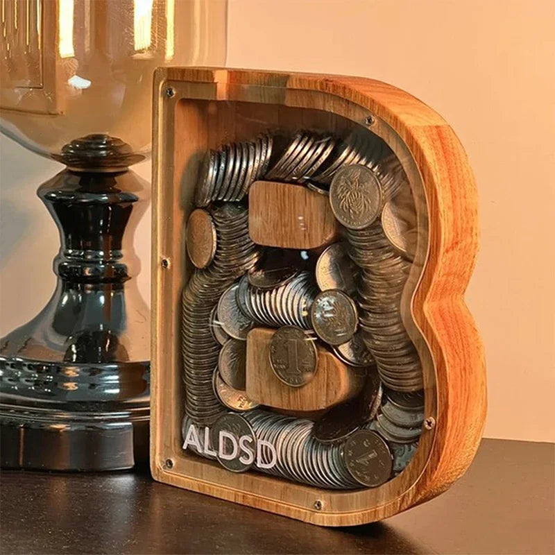 26-Letter Wooden Piggy Bank A-Z Alphabet Coin Money Box Kids Savings Jar Desktop Decor Gift