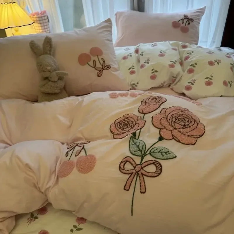 Korean Style Green Stripe Black Cat Embroidered Washed-Effect Polyester Duvet Cover Set 4-Piece Cute Cartoon Bed Linen