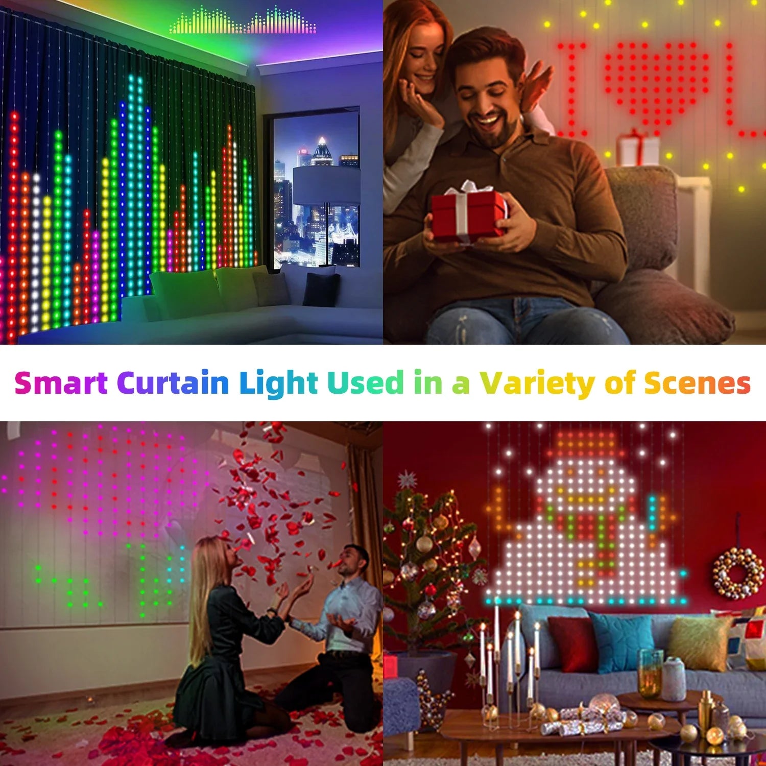 LED Smart Curtain Lights 400-LED RGB Fairy Curtain – App & Music Sync, Remote, IP65 Waterproof (3m×3m / 9.8×9.8ft • 2m×2m / 6.6×6.6ft • 1m×1m / 3.3×3.3ft)