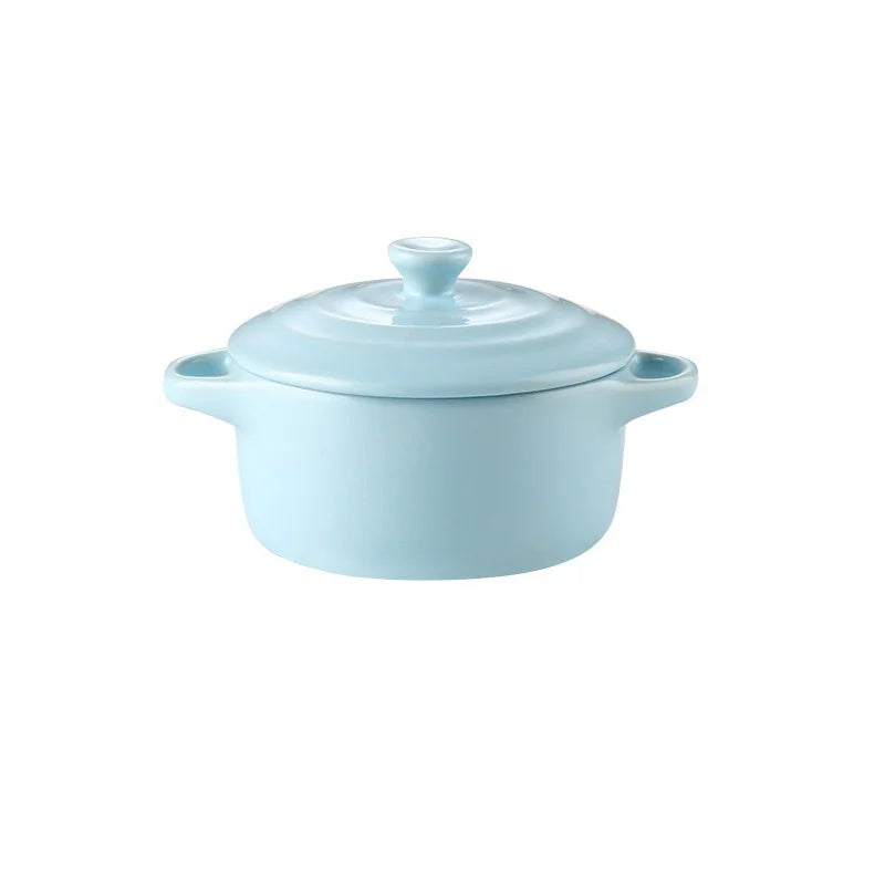 Porcelain Double-Handle Ceramic Bowl with Lid — Microwave & Steam Safe (13×7.5×9.8 cm | 5.12×2.95×3.86 in) for Steamed Eggs, Pudding & Soup