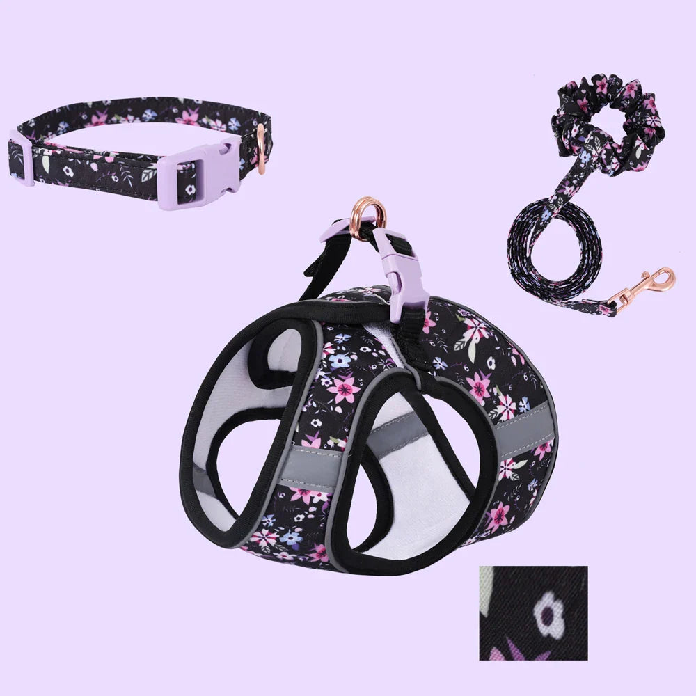 Adjustable Soft Vest Harness & Leash Set for Small & Medium Dogs & Cats – Reflective Printed Puppy Harness with Wrist Leash and Collar